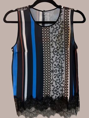 RARE Clover Canyon Striped Lace-Hem Tank in Black, Blue and White / PRISTINE